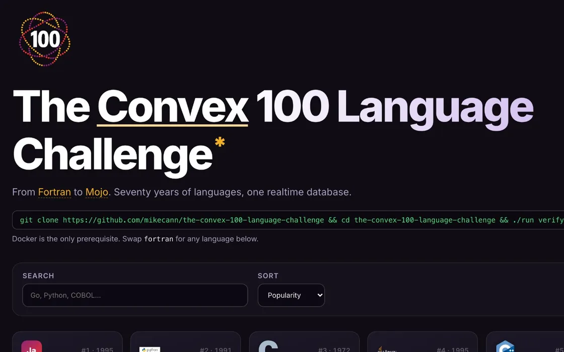 The Convex 100 Language Challenge homepage with its dotted 100 logo