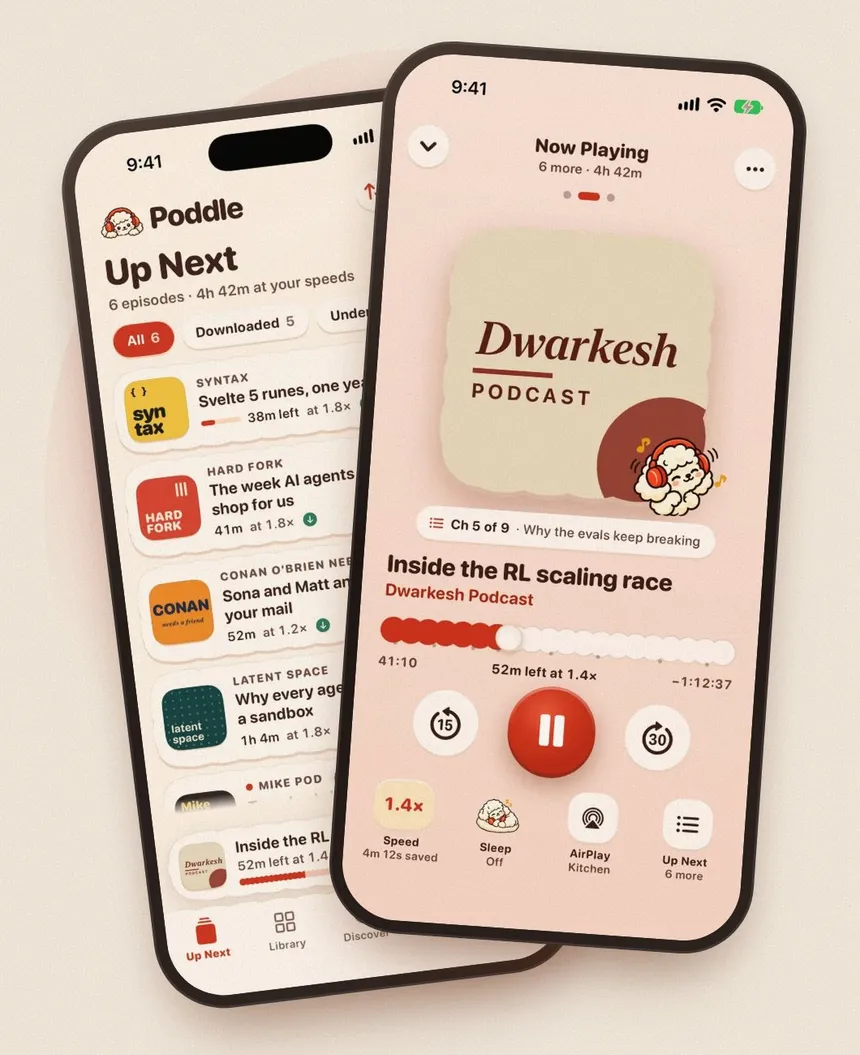 Two iPhones showing Poddle's Up Next queue and Now Playing screen