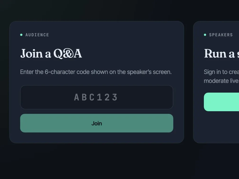 The Join a Q&A card, with a box for the session code and a Join button