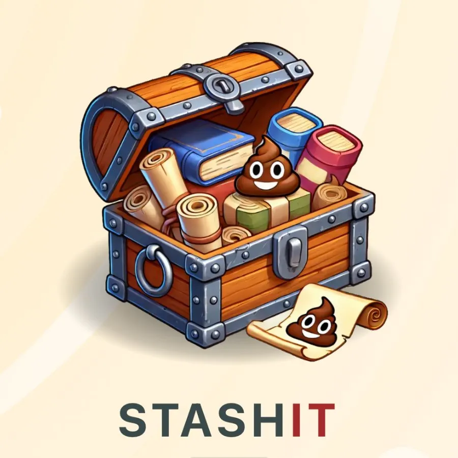 An illustrated treasure chest overflowing with books and scrolls, above the StashIt wordmark
