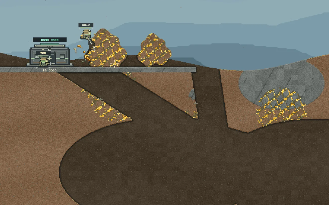 Wormquake gameplay: two worms by their home core, above caverns flecked with gold